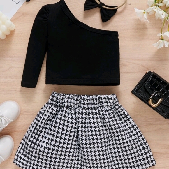 Baby one Shoulder top and houndstooth Print skirt with headband - Picture 2 of 7